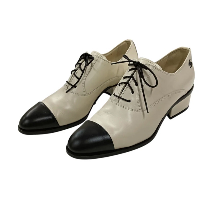 CHANEL Lace Up Shoes Lady’s Size 37 1/2C Beige/Black G39008