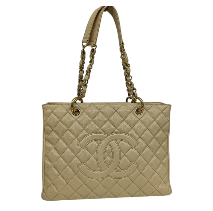 CHANEL Caviar Grand Shopping Tote Bag Matelasse A50995 Rank(B) Beige Stain 12729186 GST